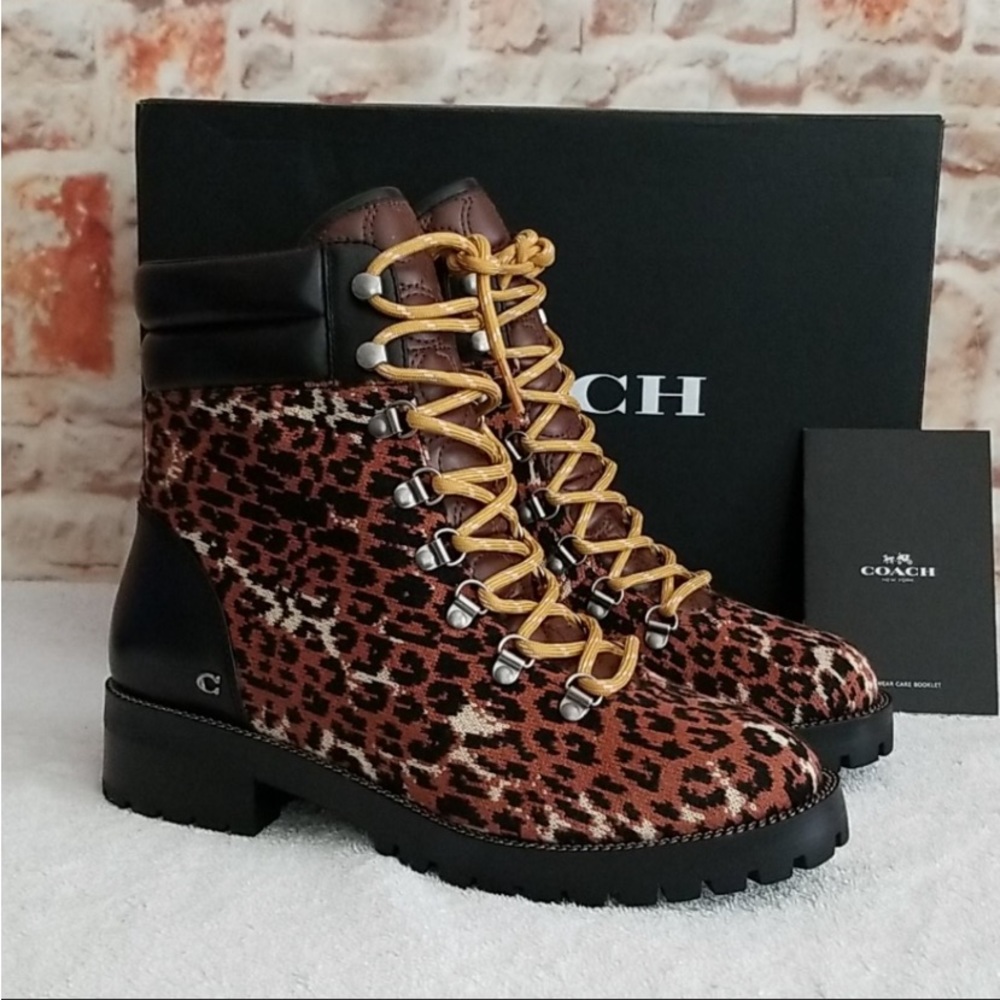COACH Loren Leather-Trimmed Leopard-Print Tweed Hiking Boots